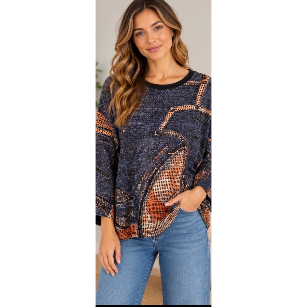 Akris Punto Blue Orange Abstract Honeycomb Knit Crewneck Top_264